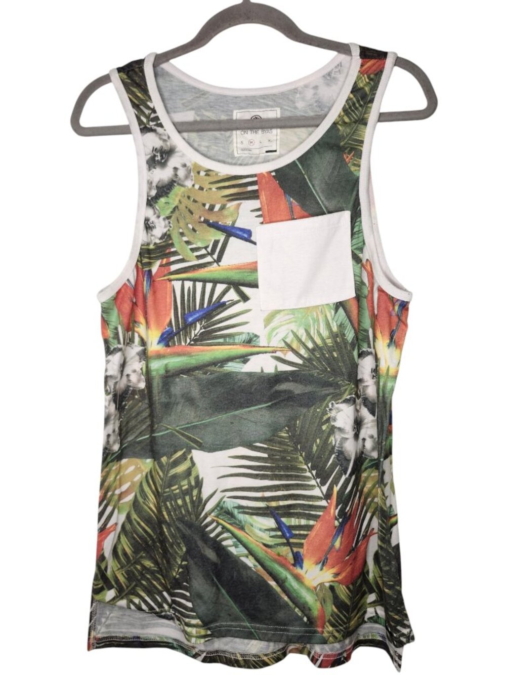 On the Byas White Green Tropical Print Tank Top With Pocket Size Medium